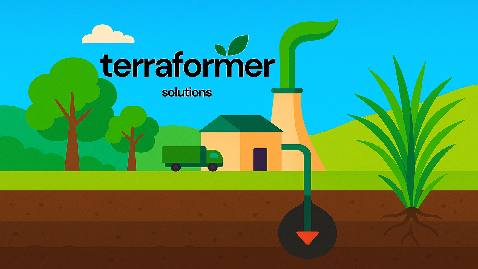 Visual representation of Terraformer’s process: turning agricultural waste into energy and storing CO₂ underground.